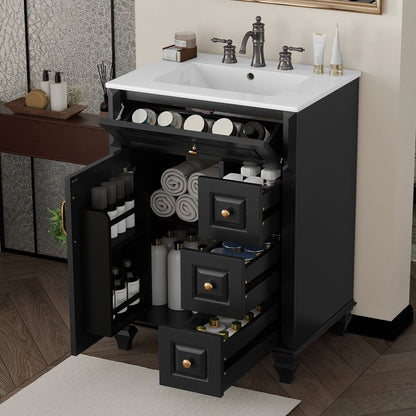 Freestanding Bathroom Vanity With Sink, 3 Drawers &amp; Flip-Out Drawer