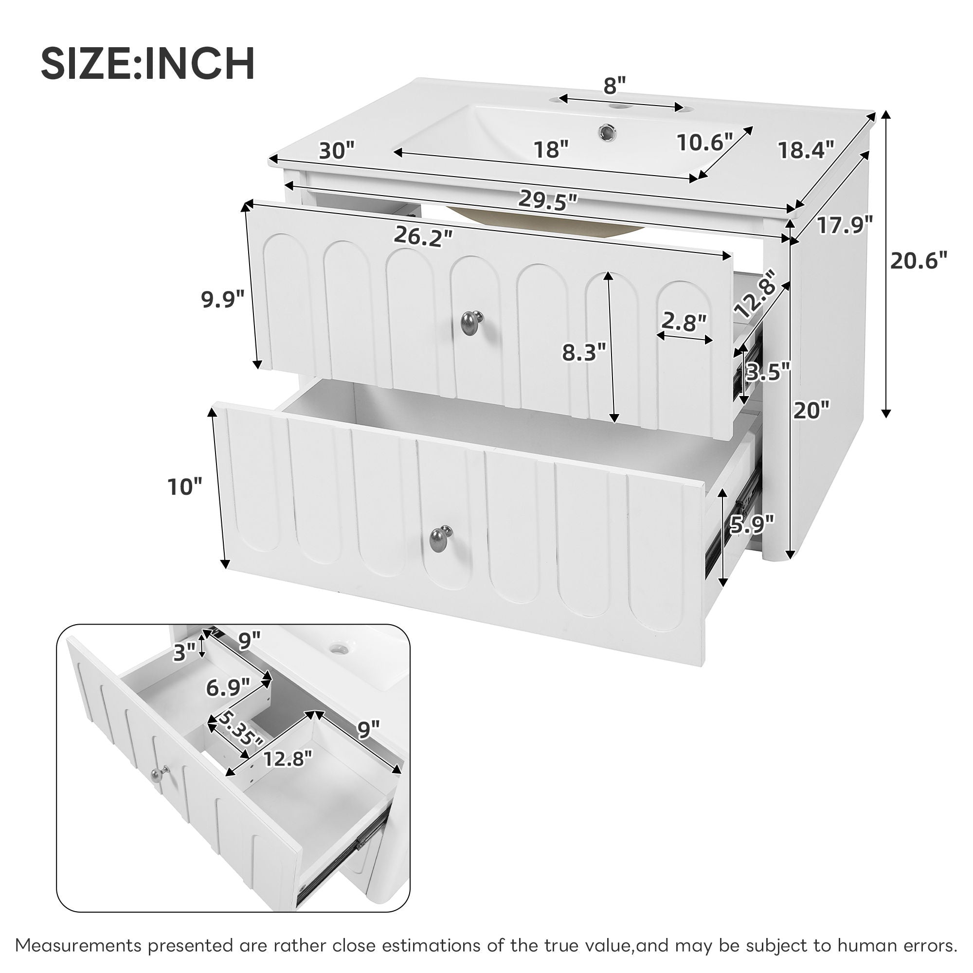 Floating Bathroom Vanity With Oval Knobs &amp; Round Edge, Soft Close Drawer Slides