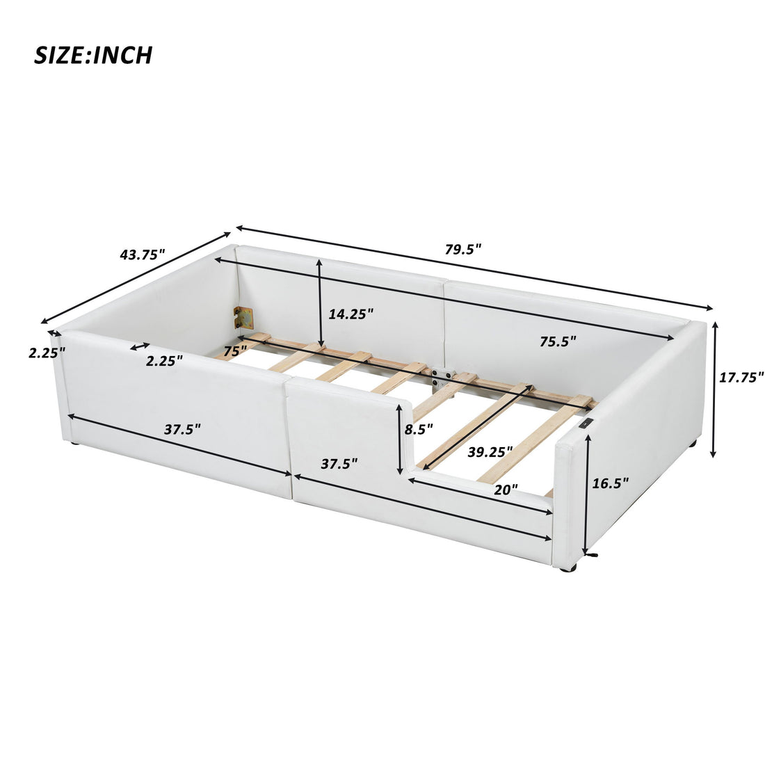 Twin Size Upholstered Platform Bed With Guardrail And Charging Station - White