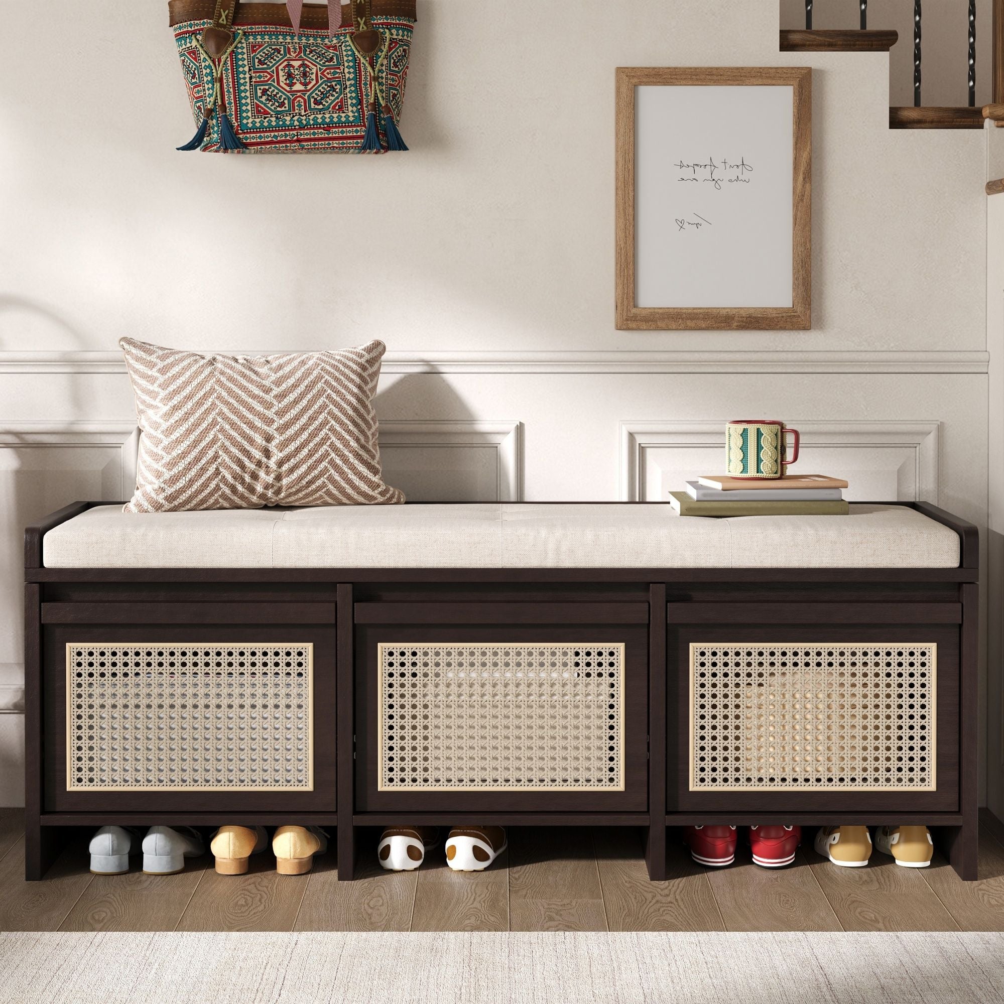 Entryway Shoe Bench With Drawers &amp; Button Tufted Cushion
