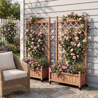 Raised Garden Bed With Trellis 2 Pack, Outdoor Planter Box &amp; Plant Stand With Climbing Racks - Brown