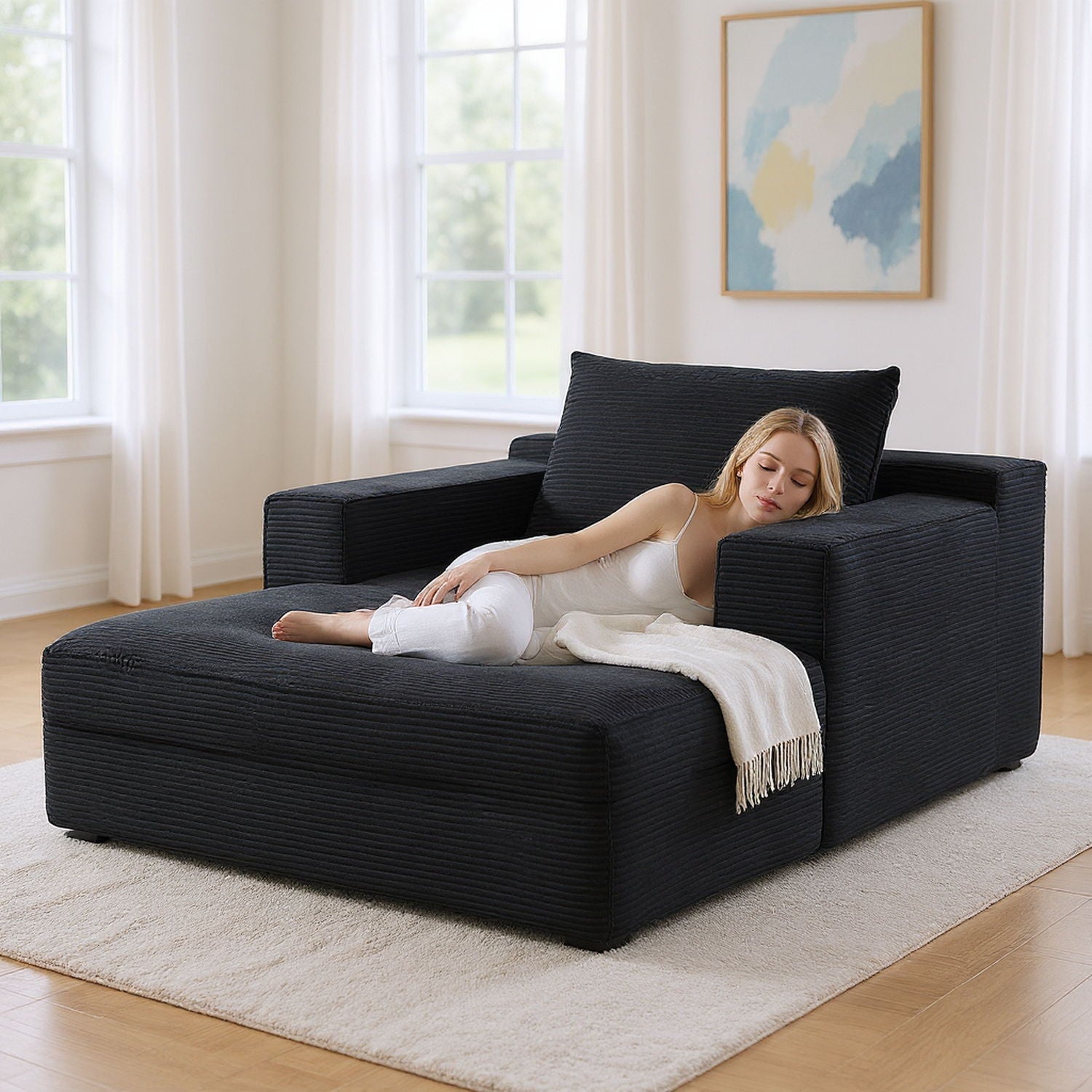 Convertible Chaise Lounge Chair With Wide Armrest &amp; Throw Pillows