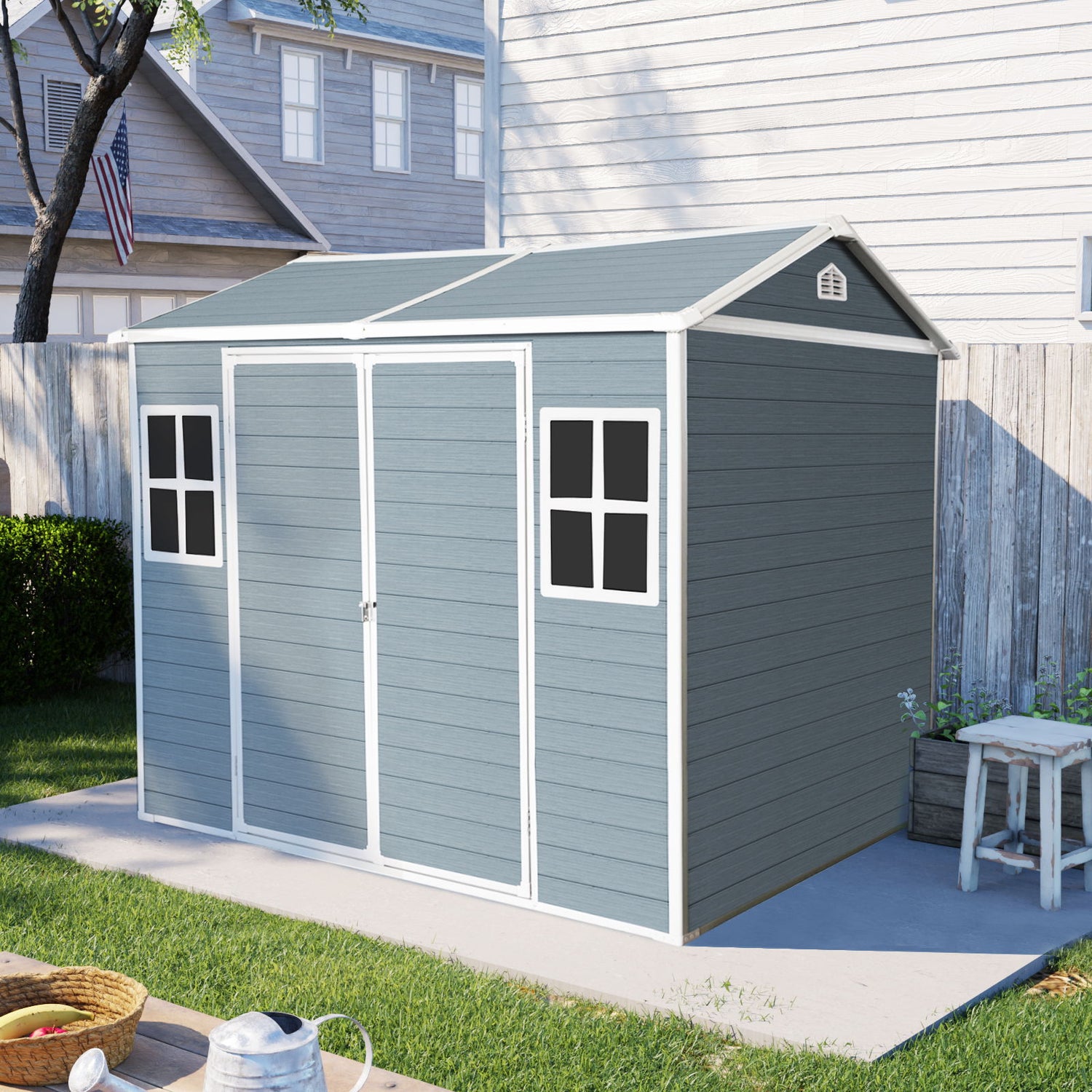 Resin Outdoor Storage Shed Waterproof Shed With Floor &amp; Two Windows &amp; Lockable Door, Tool Shed For Garden, Patio, Backyard