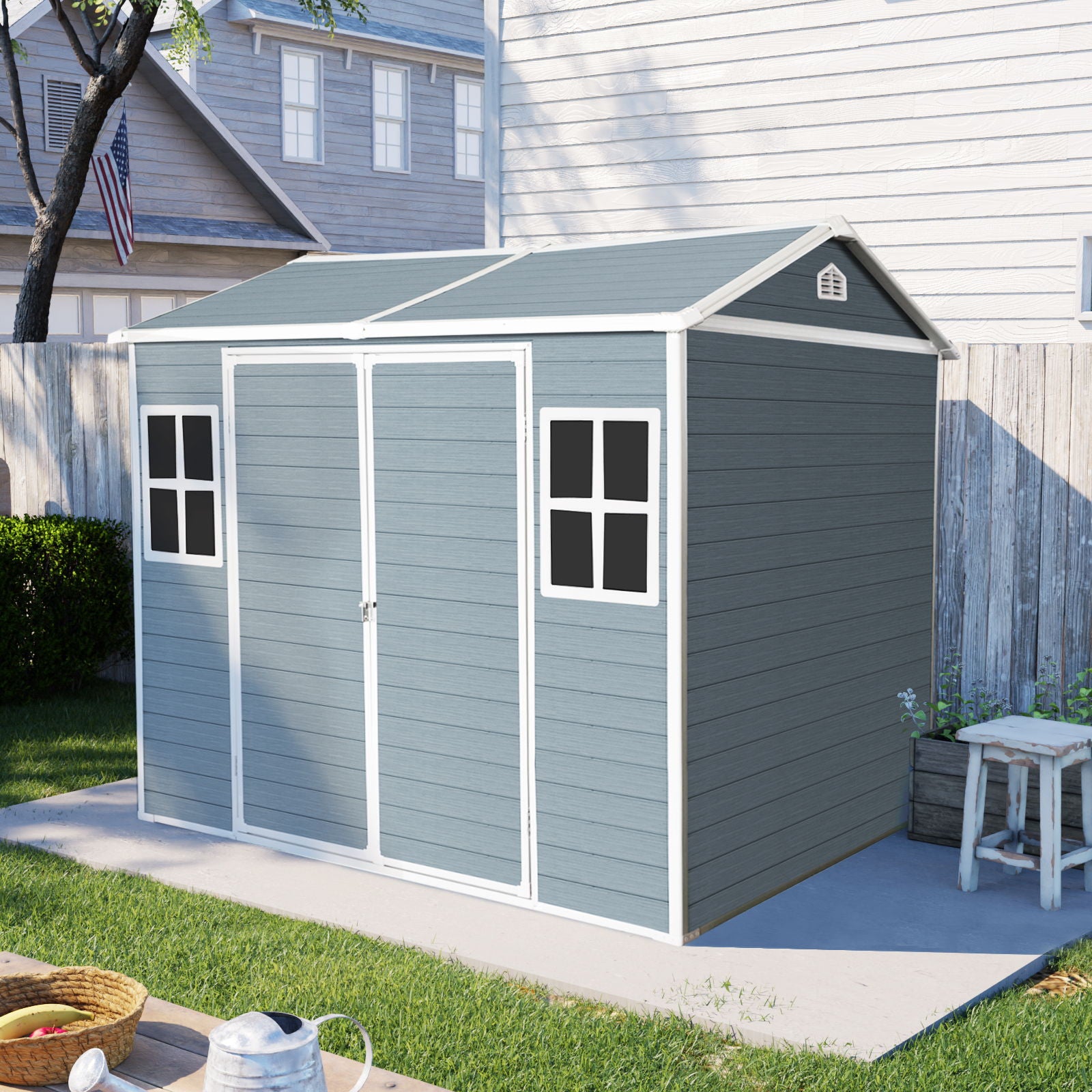 Resin Outdoor Storage Shed Waterproof Shed With Floor &amp; Two Windows &amp; Lockable Door, Tool Shed For Garden, Patio, Backyard