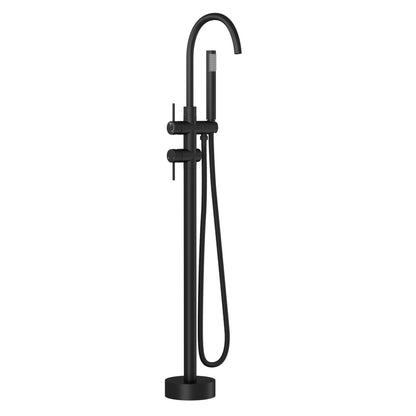 Freestanding Bathtub Faucet Floor Mount Tub Filler With Swivel Gooseneck Spout And Cylinder Handheld