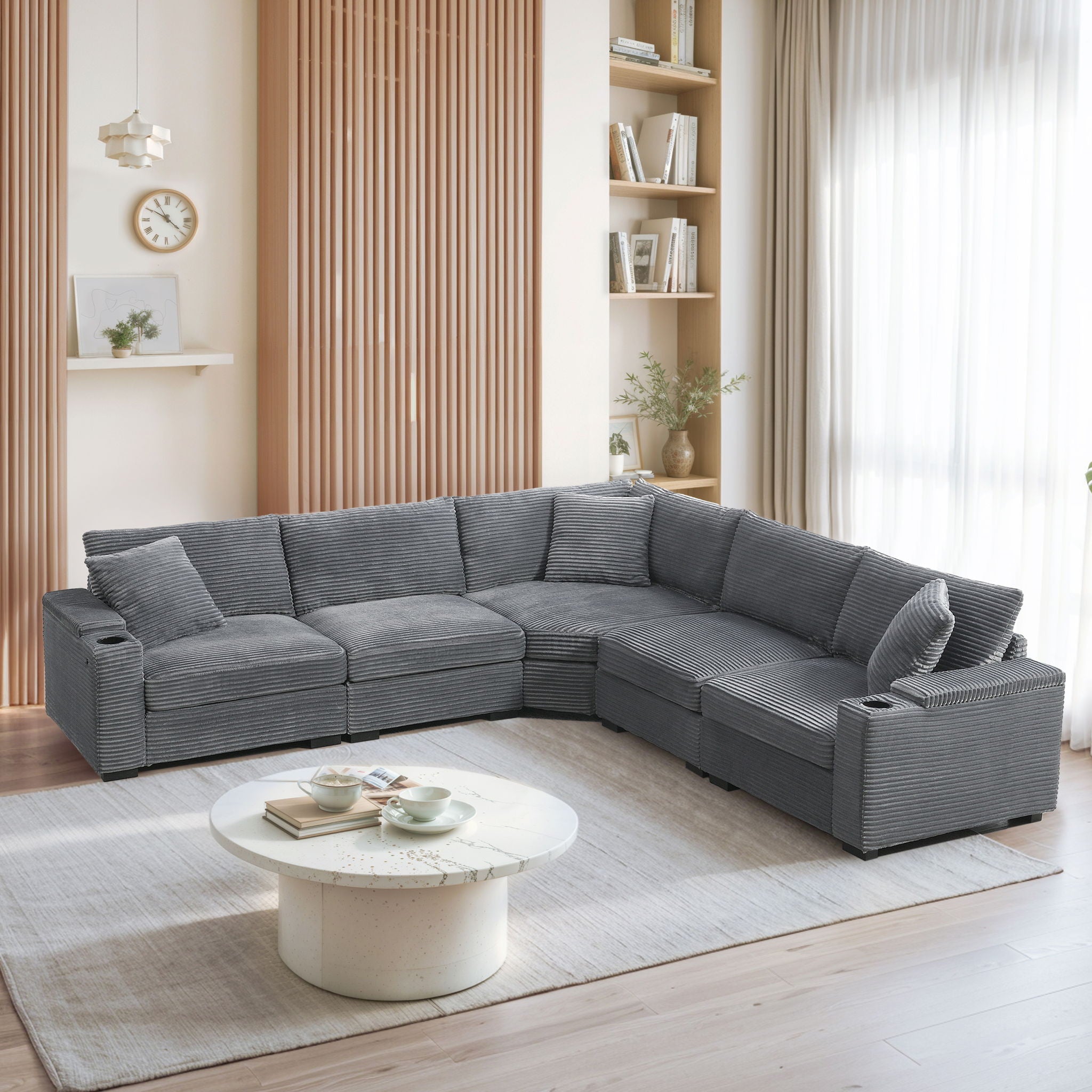 Convertible L Shaped Sectional Corner Couch With Armrest Storage Cup Holders USB Charger, Irregular Corner Oversized Comfy Modular Sofa