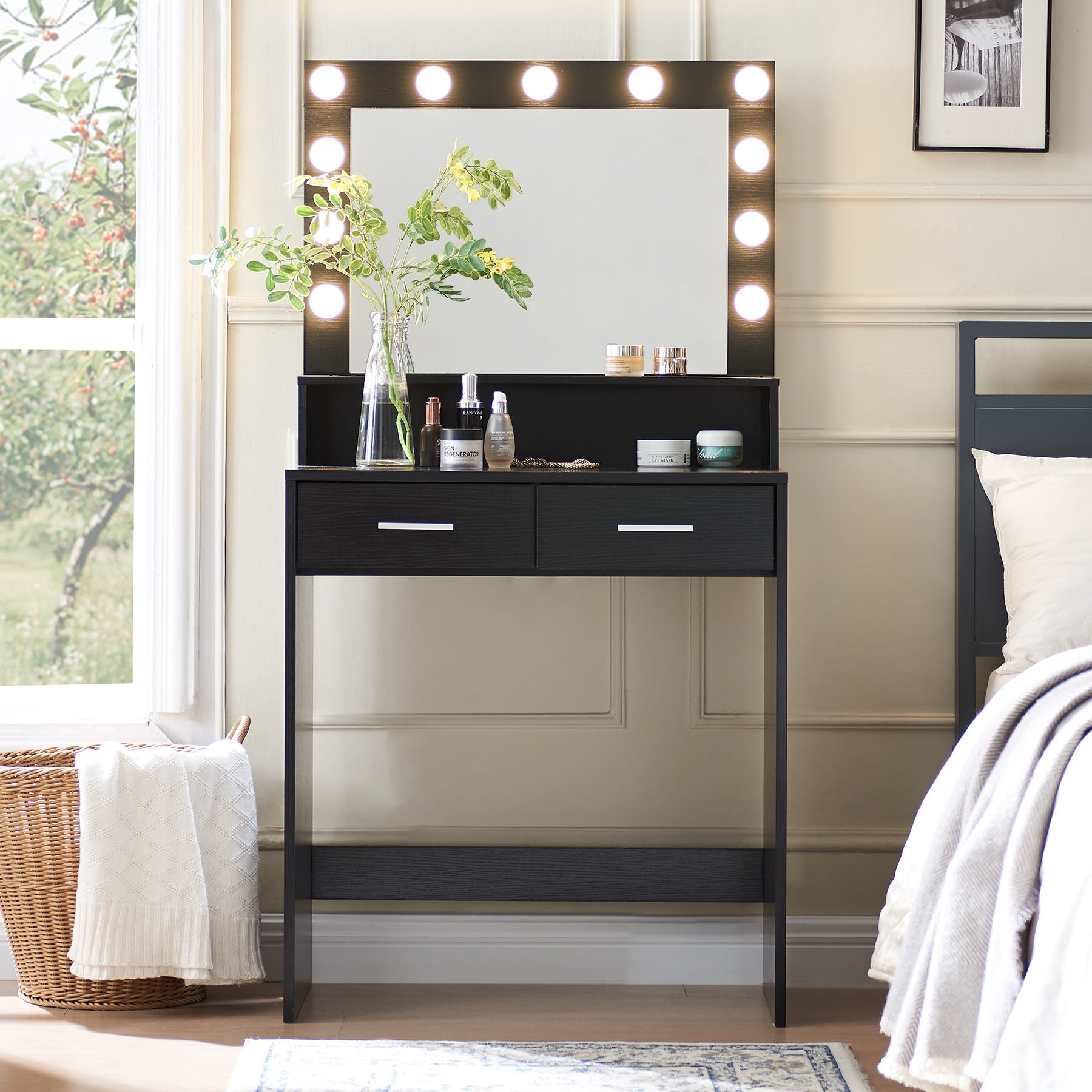 Vanity Desk With Mirror And Lights, Dressing Table With Large Drawer, 2 Level Storage Dresser &amp; 3 Lighting Modes Adjustable Brightness, Suitable For Bedroom