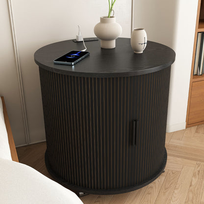 Cylinder Nightstand With Charging Station &amp; Sliding Door