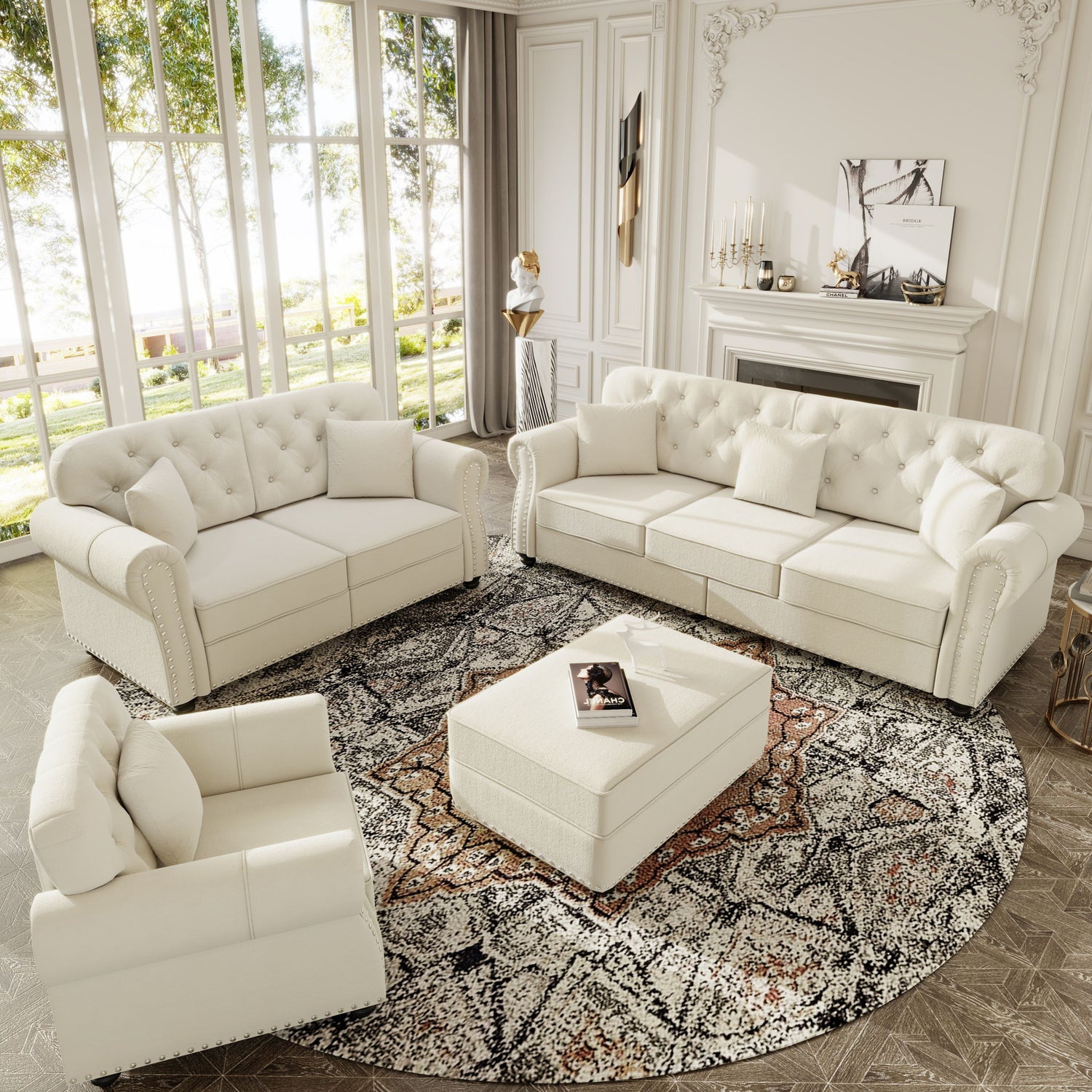 Upholstered Sofa Set With Nailhead Trim And Rolled Armrests, Includes Pillows