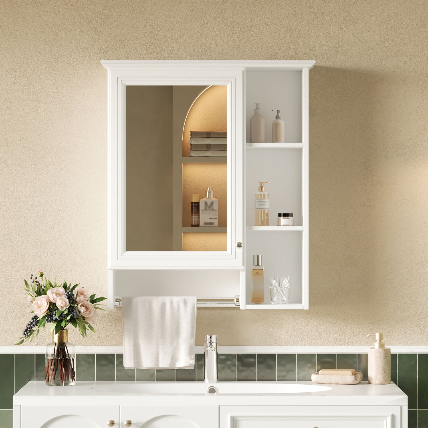 Modern 3 In 1 Bathroom Mirror Cabinet With Adjustable Shelf &amp; Towel Bar