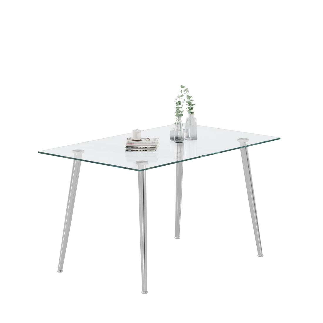Thick Tempered Glass Top Dining Table &amp; Stainless Steel Legs - Silver