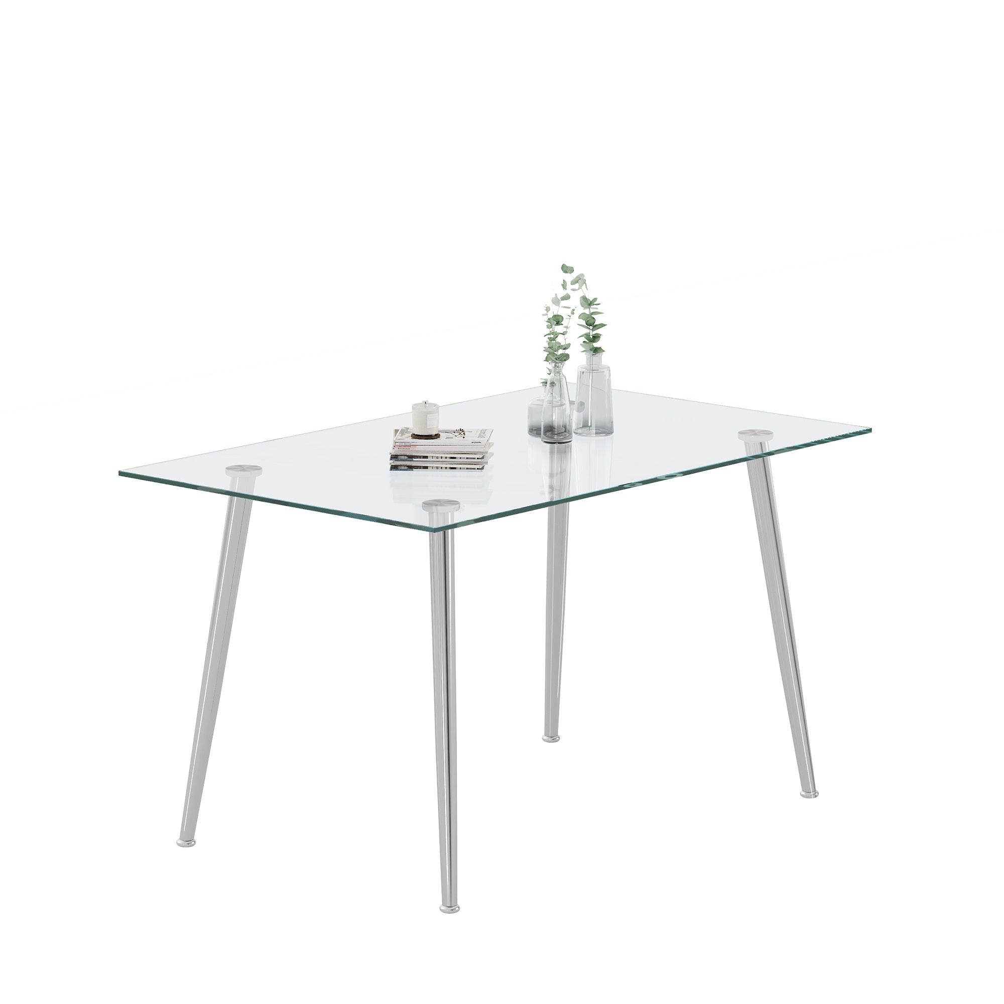 Thick Tempered Glass Top Dining Table &amp; Stainless Steel Legs - Silver