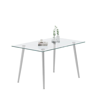 Thick Tempered Glass Top Dining Table &amp; Stainless Steel Legs - Silver