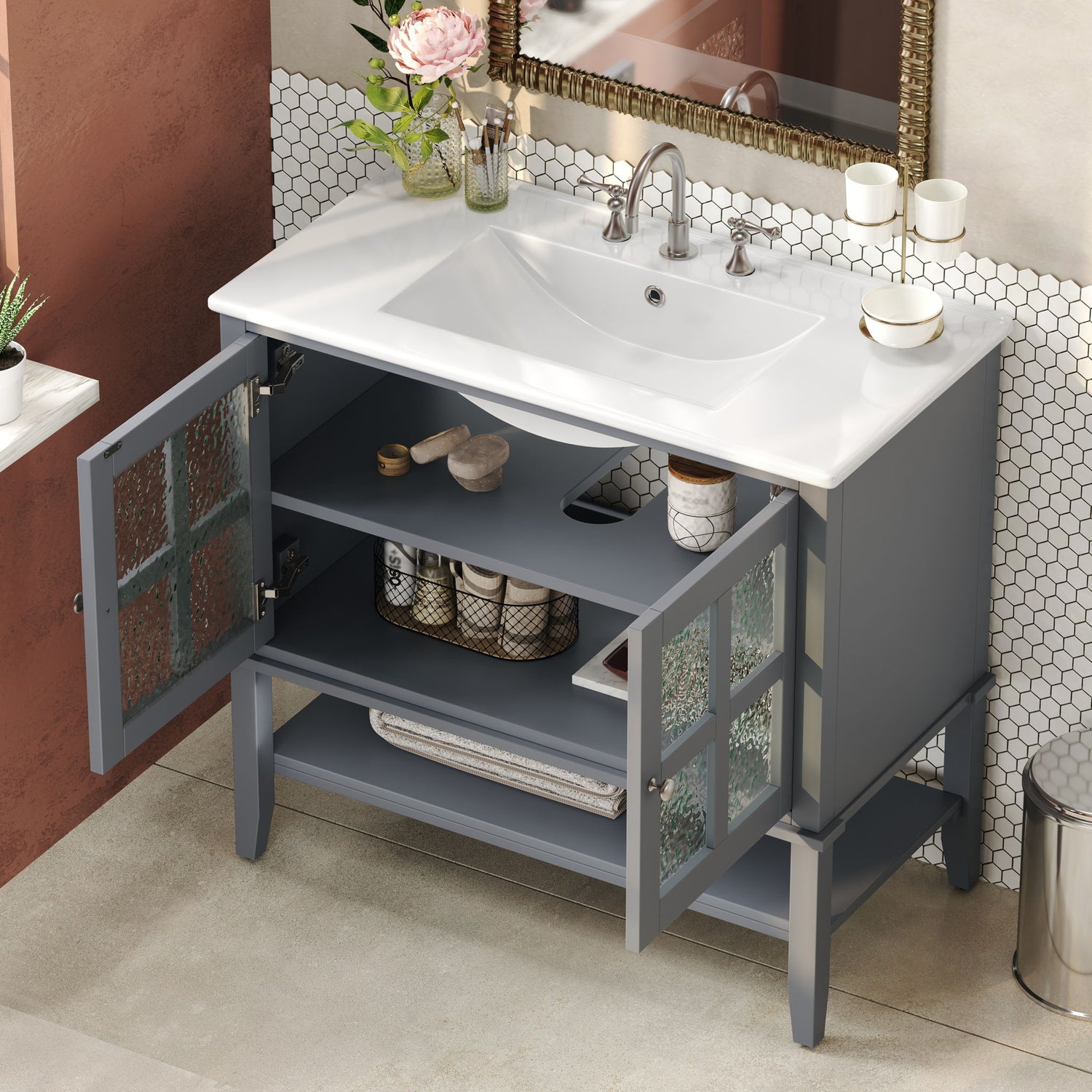 Bathroom Vanity With Ceramic Sink, Adjustable &amp; Open Shelf