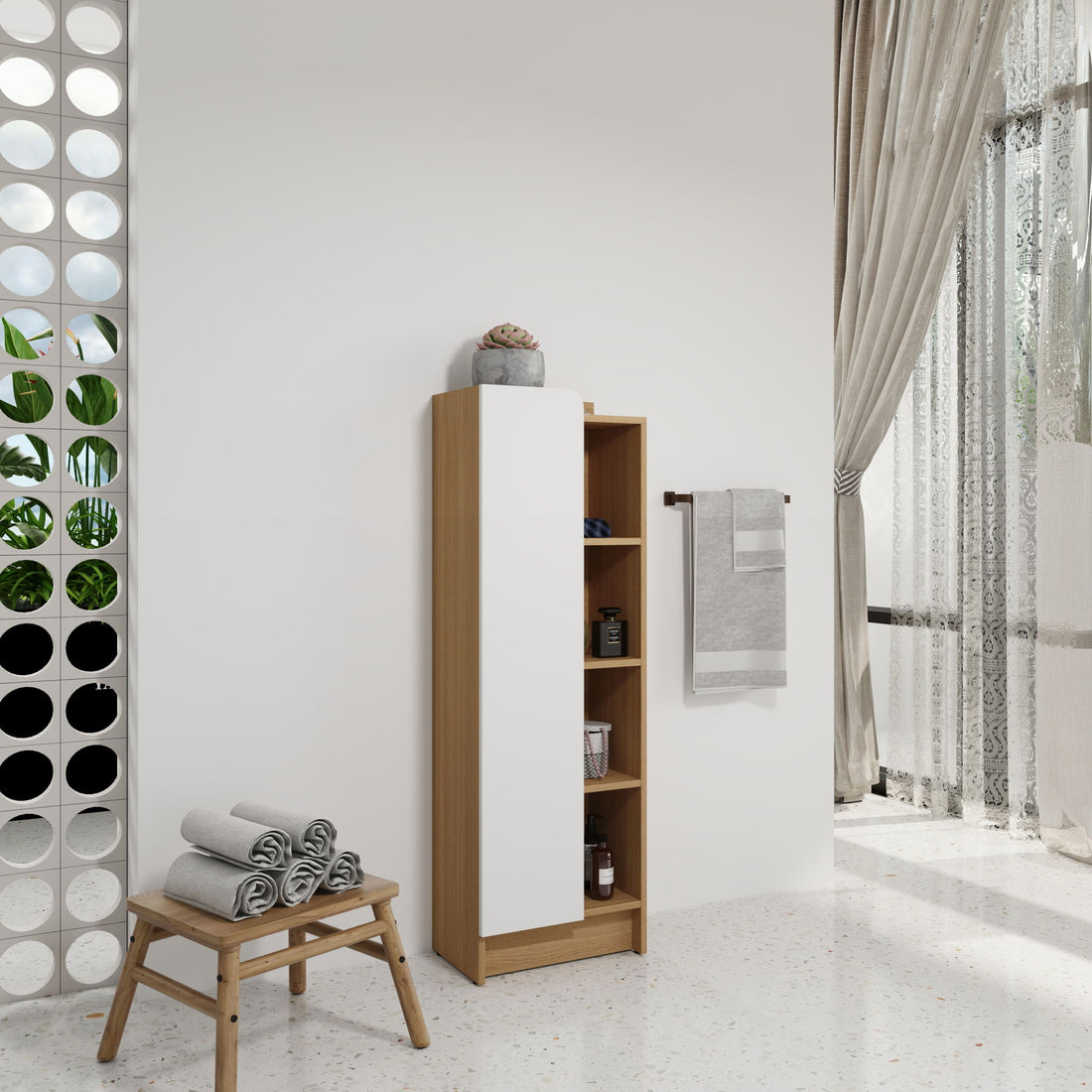 Tall Freestanding Bathroom Side Cabinet With Single Door &amp; 4 Tier Open Shelves - Black / Light Oak / White