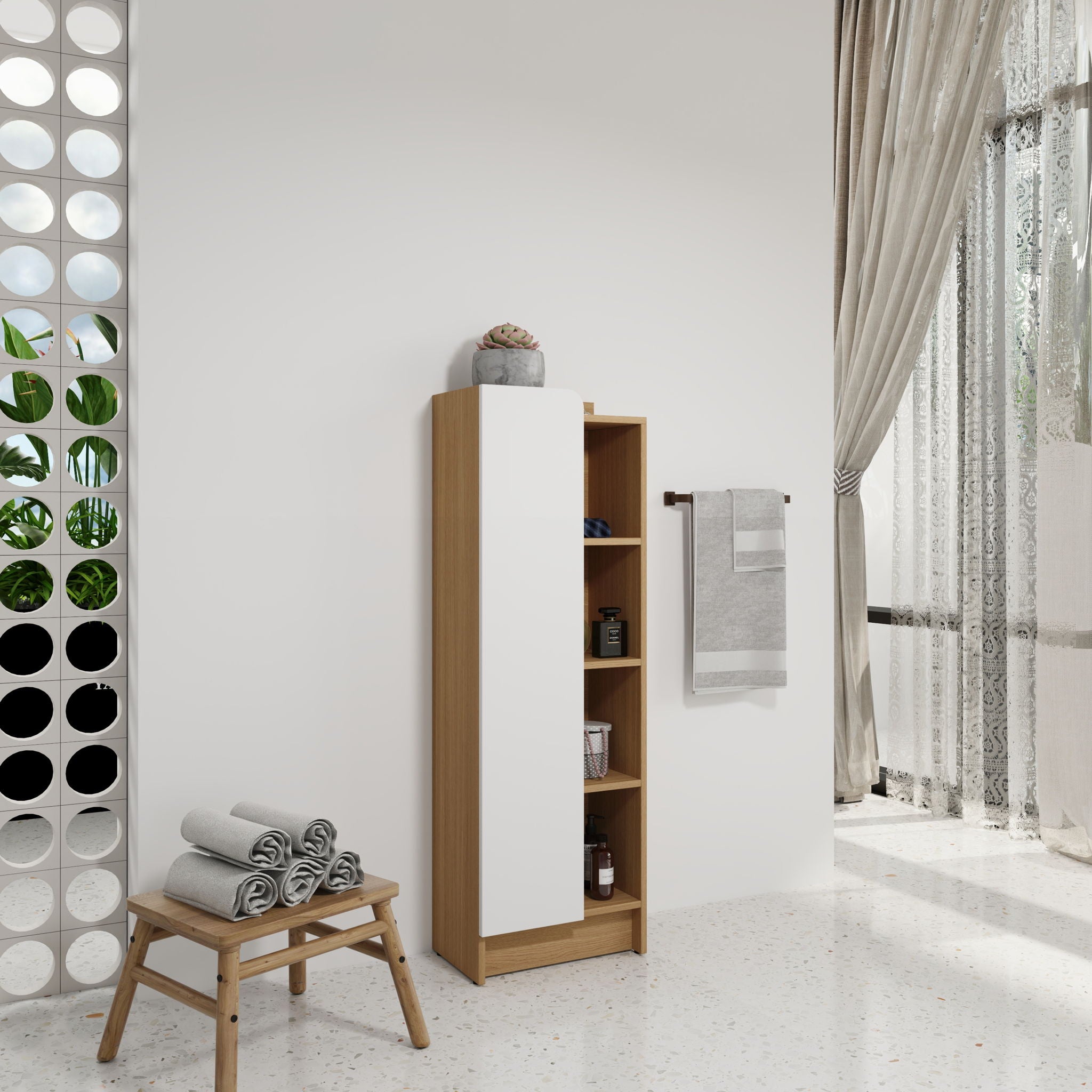 Tall Freestanding Bathroom Side Cabinet With Single Door &amp; 4 Tier Open Shelves - Black / Light Oak / White