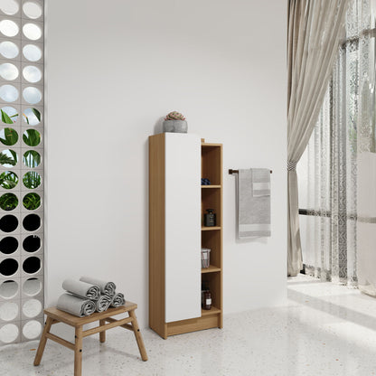 Tall Freestanding Bathroom Side Cabinet With Single Door &amp; 4 Tier Open Shelves - Black / Light Oak / White
