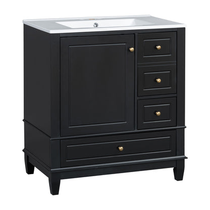 30&quot; Bathroom Vanity With Sink, 1 Door With Shelf And 3 Drawers, Soft Close Door - Black