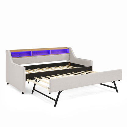 Upholstered Sofa Bed With LED Lights, Storage Headboard, Foldable Trundle &amp; Wireless Charging