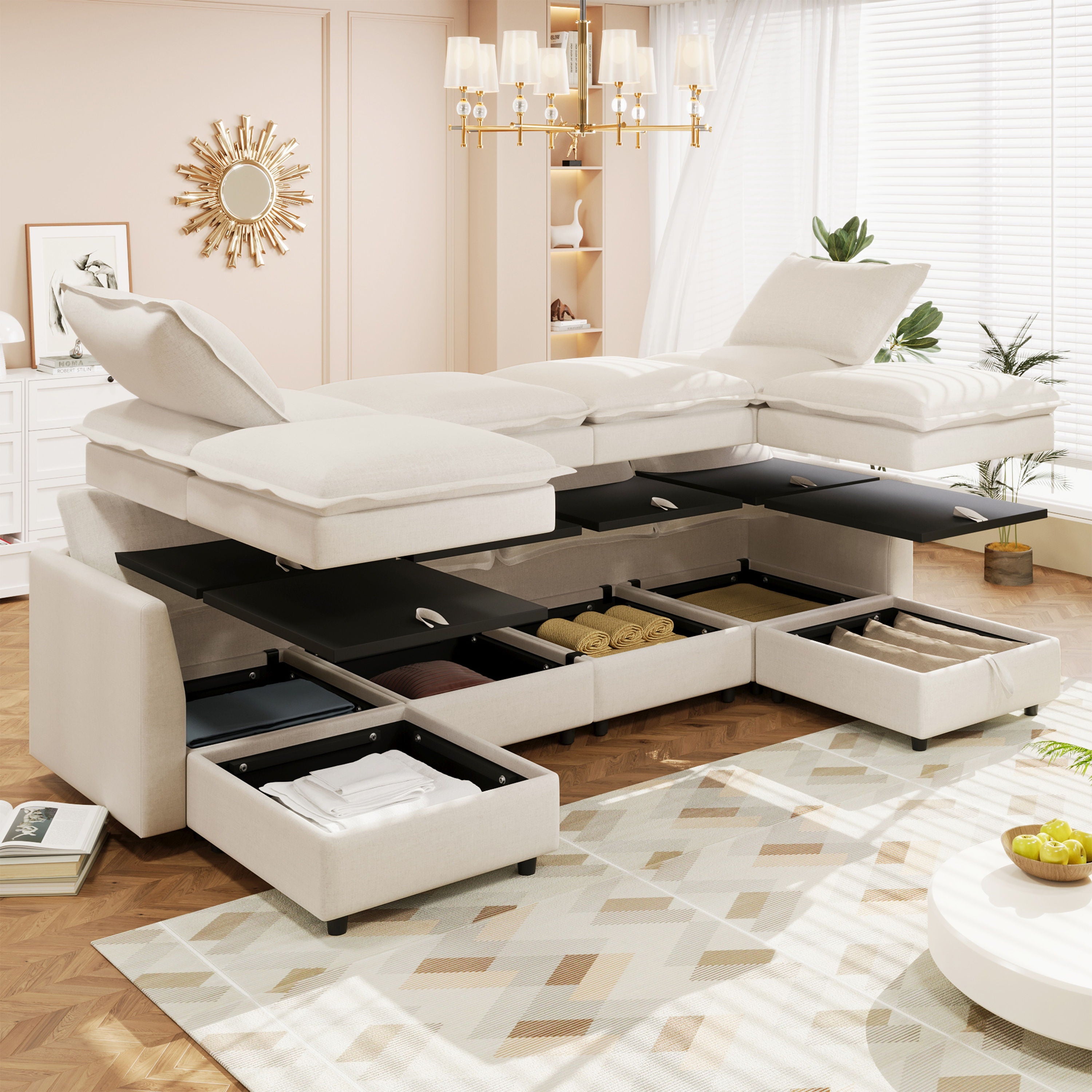 Versatile 6 Piece Modular Sofa Bed With Storage, Stylish Faux Double Layer Cushions, Comfortable &amp; Durable Design, Perfect For Any Living Space