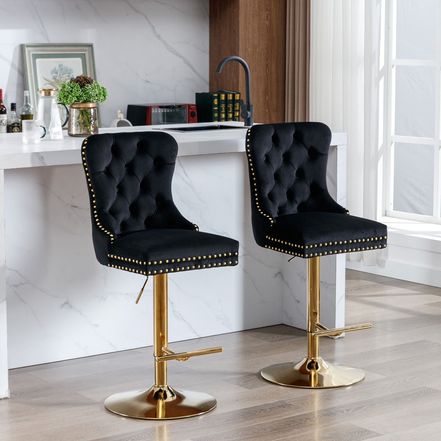 Thick Golden Swivel Velvet Barstools Adjusatble Seat Height From 25-33&quot;, Modern Upholstered Bar Stools With Backs Comfortable Tufted For Home Pub And Kitchen Island (Set of 2)
