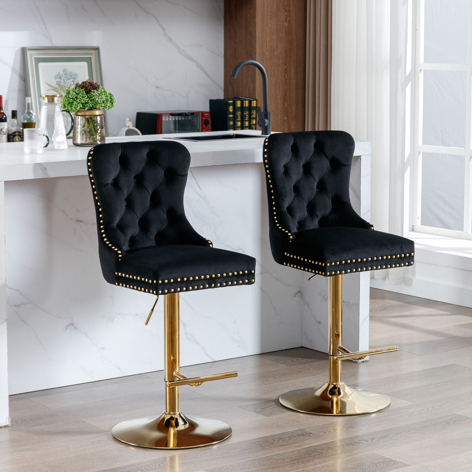 Thick Golden Swivel Velvet Barstools Adjusatble Seat Height From 25-33&quot;, Modern Upholstered Bar Stools With Backs Comfortable Tufted For Home Pub And Kitchen Island (Set of 2)