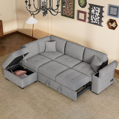 Sleeper Sectional Sofa, L-Shape Corner Couch Sofa Bed With Storage Ottoman &amp; Hidden Arm Storage &amp; USB Charge For Living Room Apartment