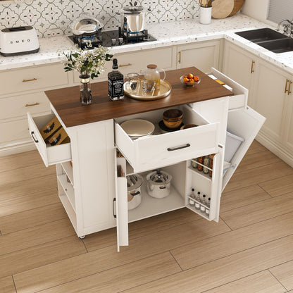 Rustic Movable Kitchen Island On Wheels With Storage &amp; Power Outlet - White
