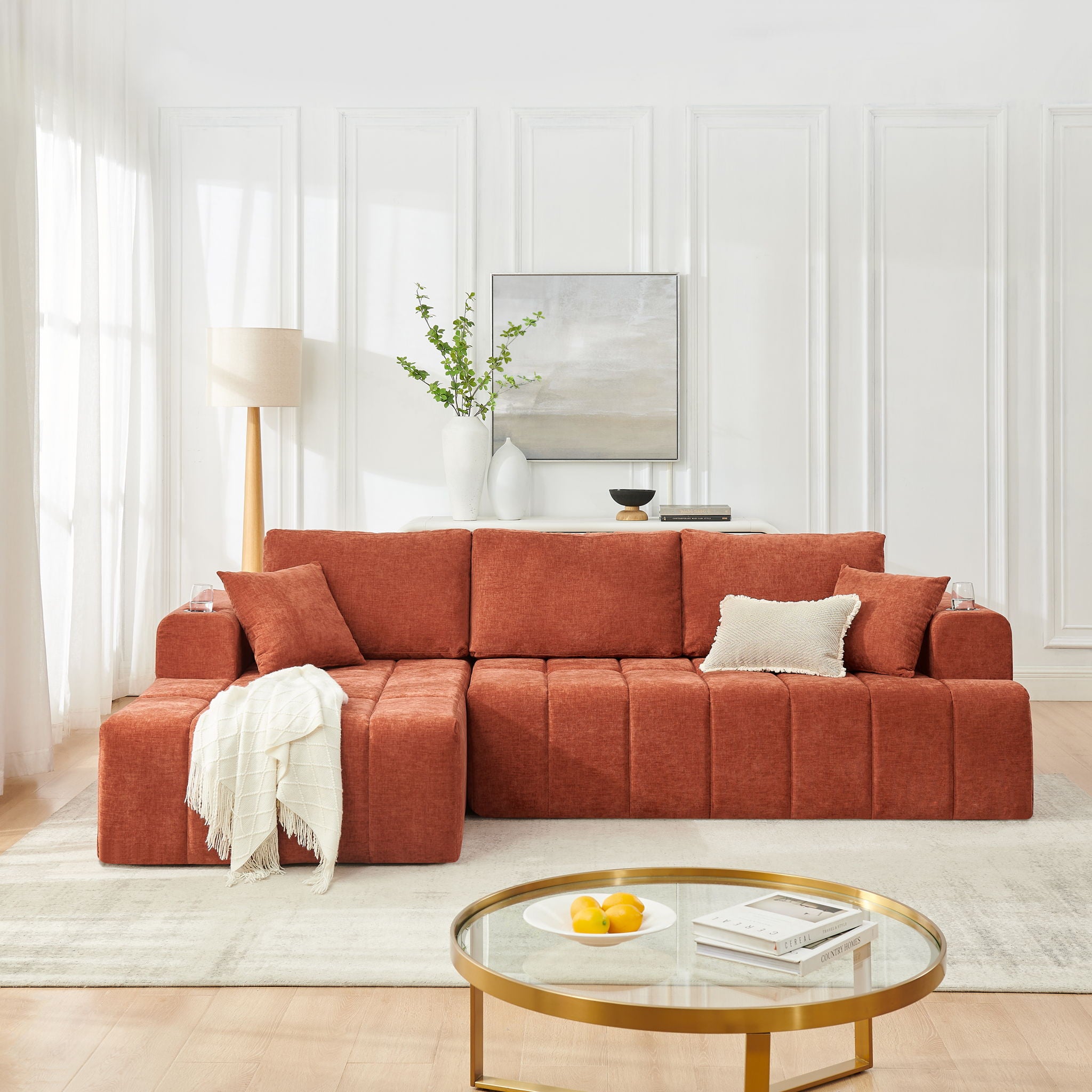 L - Shaped Sectional Sofa With Cup Holders &amp; Side Pockets