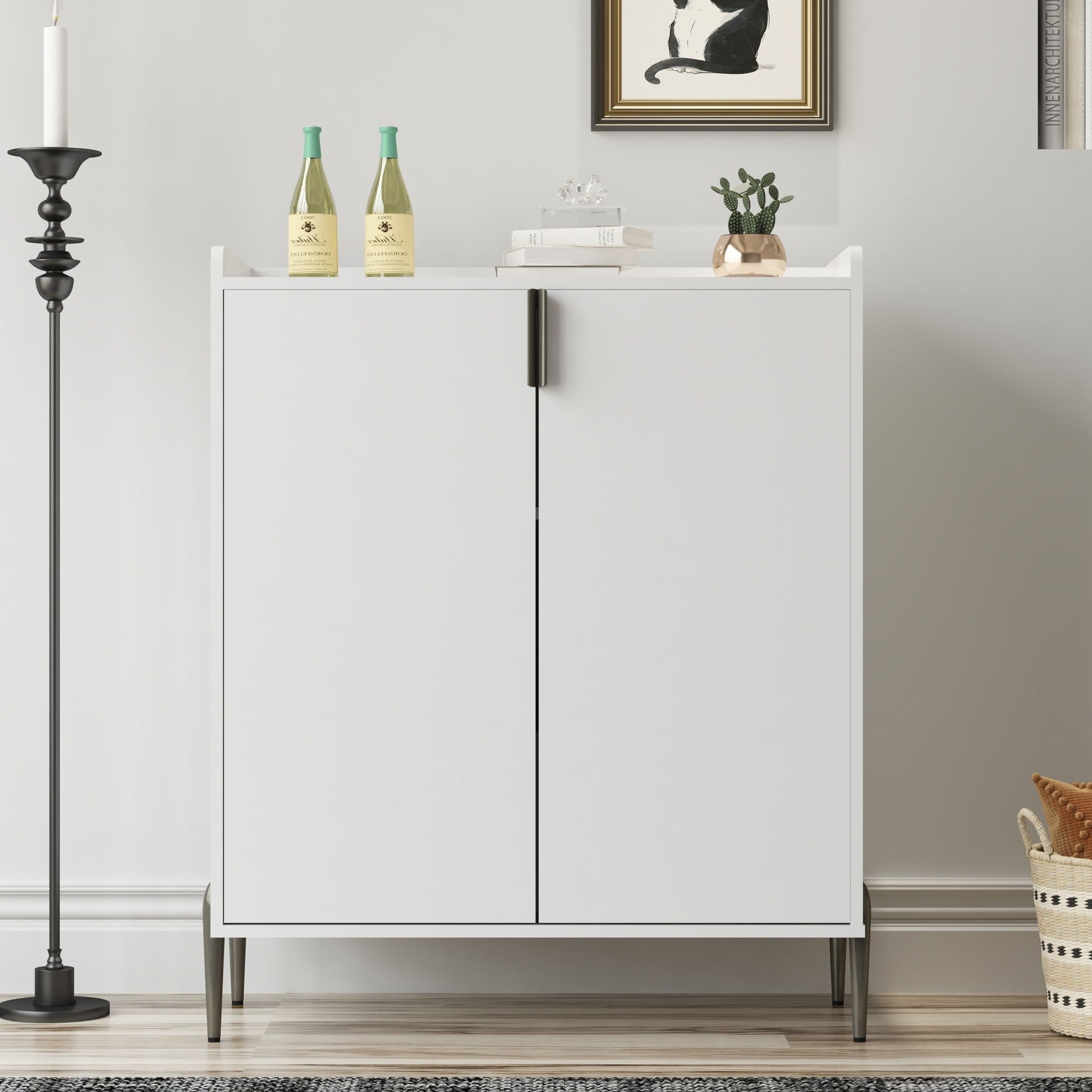 2 Door Wine Bar Cabinet With Adjustable Shelf, Soft-Closing Hinges, And High Feet - White
