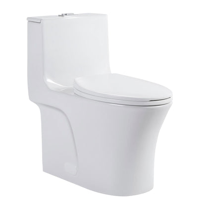 Elegant One Piece Toilet With Tornado Dual Flush, Siphonic S Trap 12&quot;, Soft Close Seat, Dual Flush, Ada Height, Glossy - Gloss White