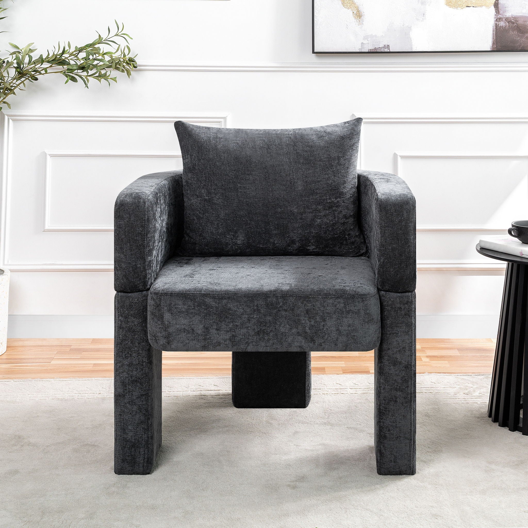 Modern 3 Leg Chenille Accent Chair With Ergonomic Arms &amp; Removable Pillow