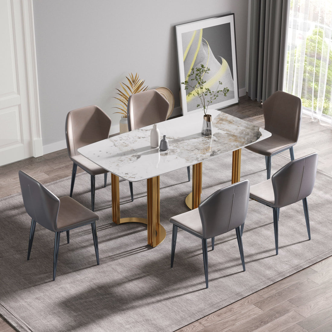 63&quot; Modern Artificial Stone Pandora White Curved Metal Leg Dining Table, 6 People - Antique White