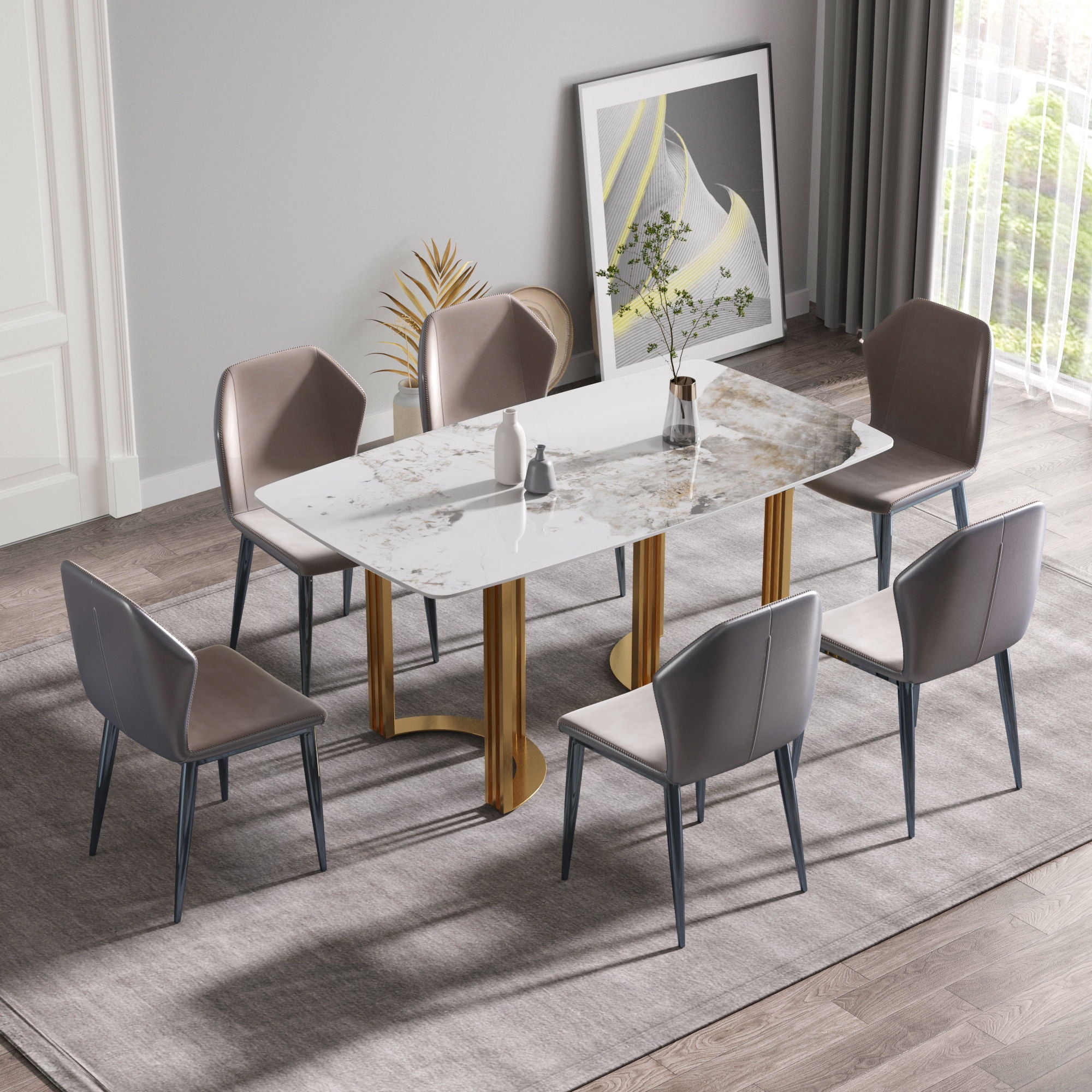 63&quot; Modern Artificial Stone Pandora White Curved Metal Leg Dining Table, 6 People - Antique White