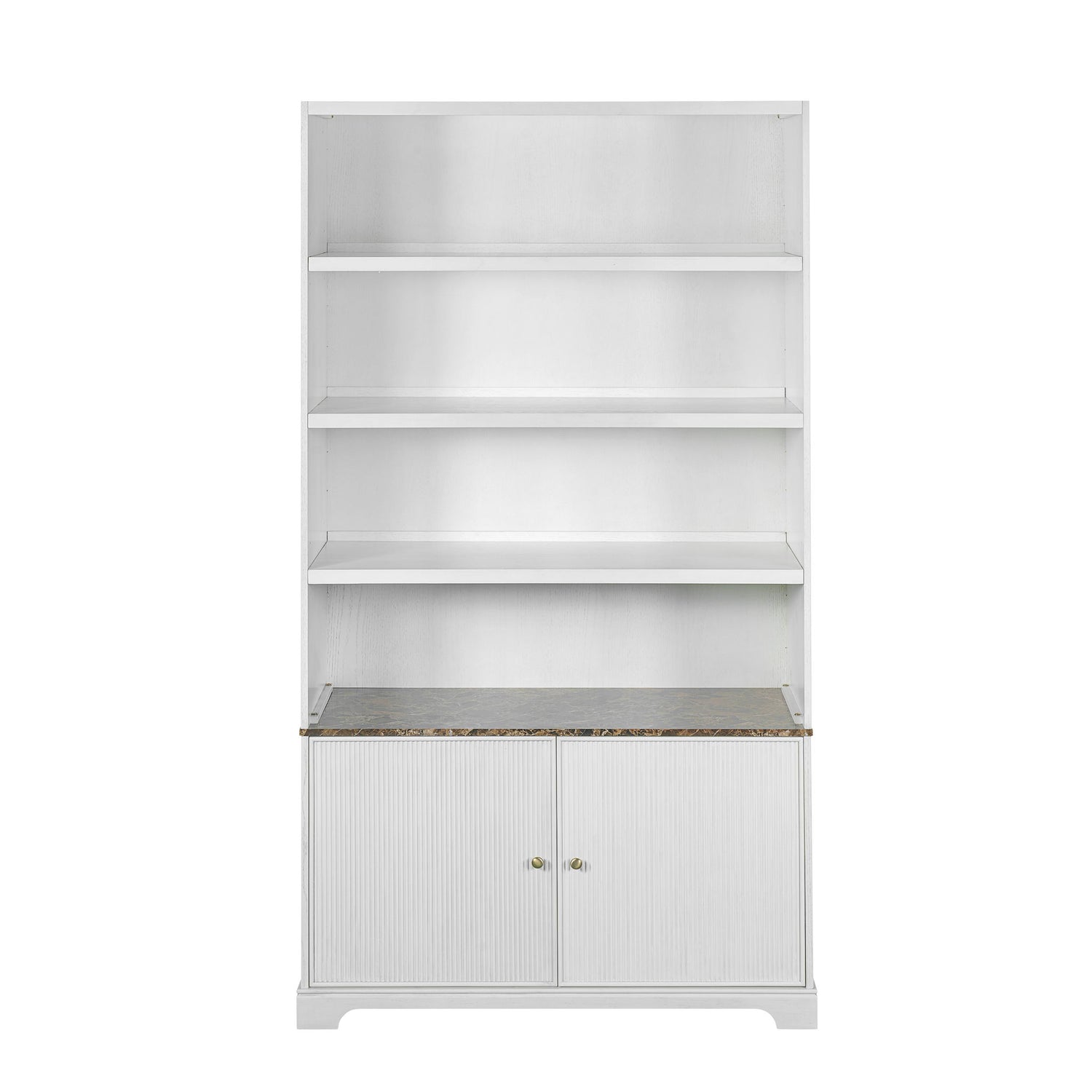 Tall Bookcase Storage Cabinet With 3 Open Shelves &amp; Fluted Double Doors