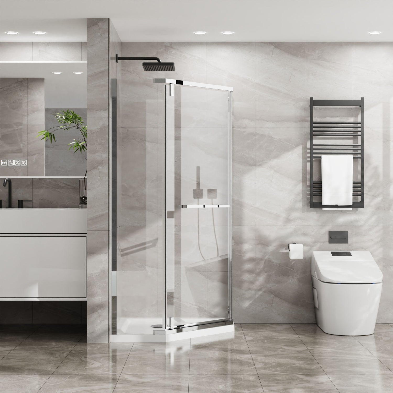 Durable Hardware Neo Angle Frameless Shower Door With Acrylic Base Combo