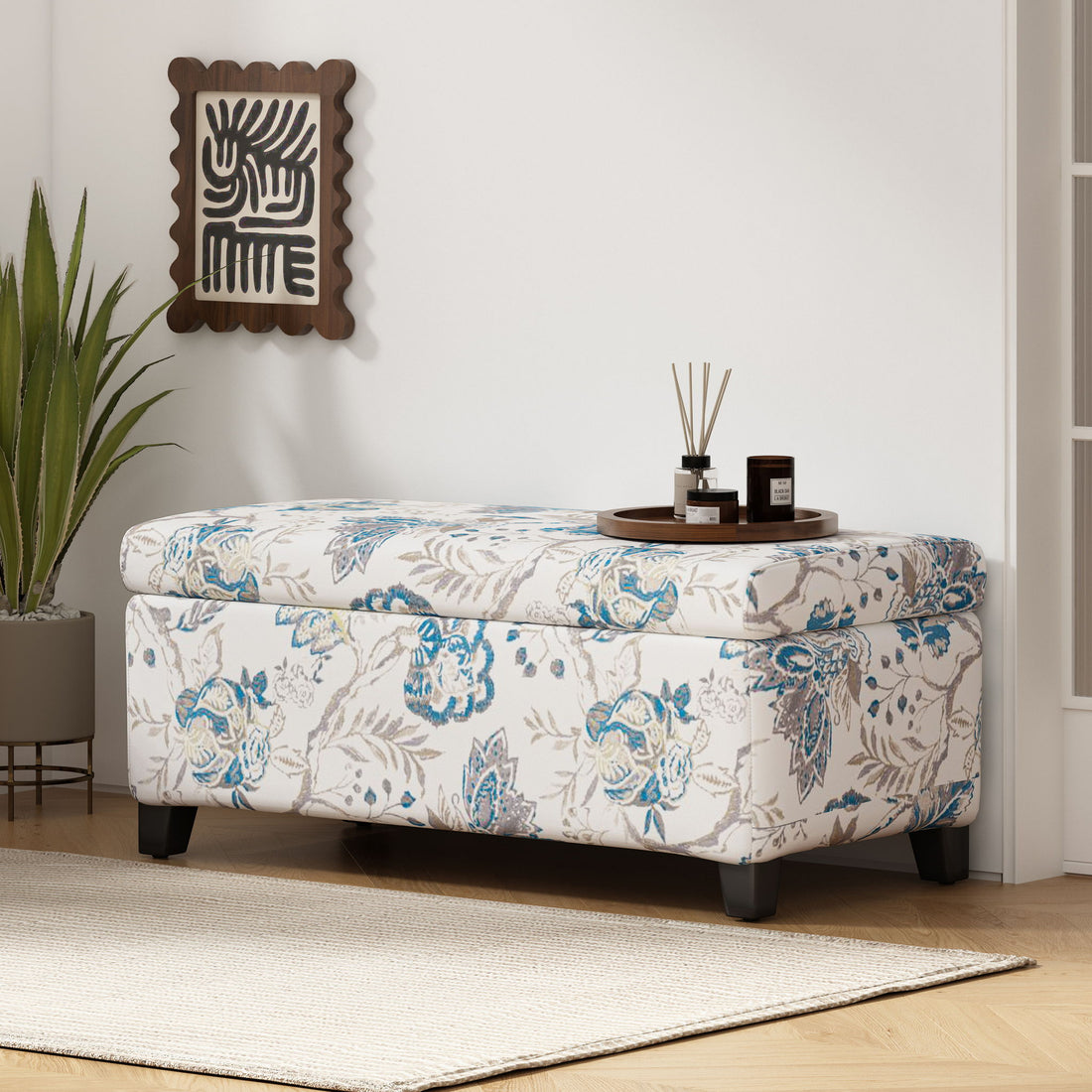Luxury Storage Ottoman With Floral Patterned Fabric, Soft Close Hinges, Functional Footrest &amp; Seat - Blue Flower / Blue Multi