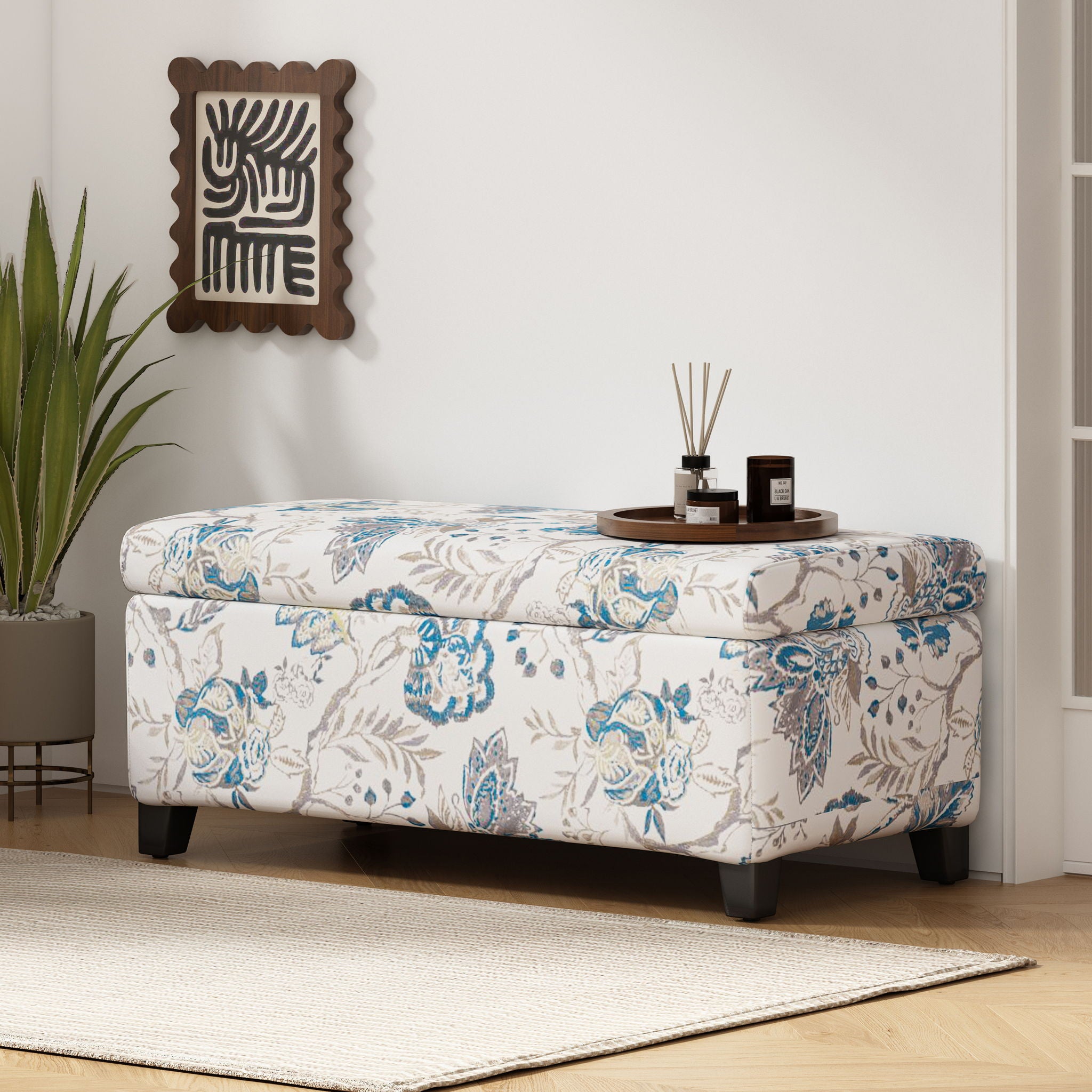 Luxury Storage Ottoman With Floral Patterned Fabric, Soft Close Hinges, Functional Footrest &amp; Seat - Blue Flower / Blue Multi