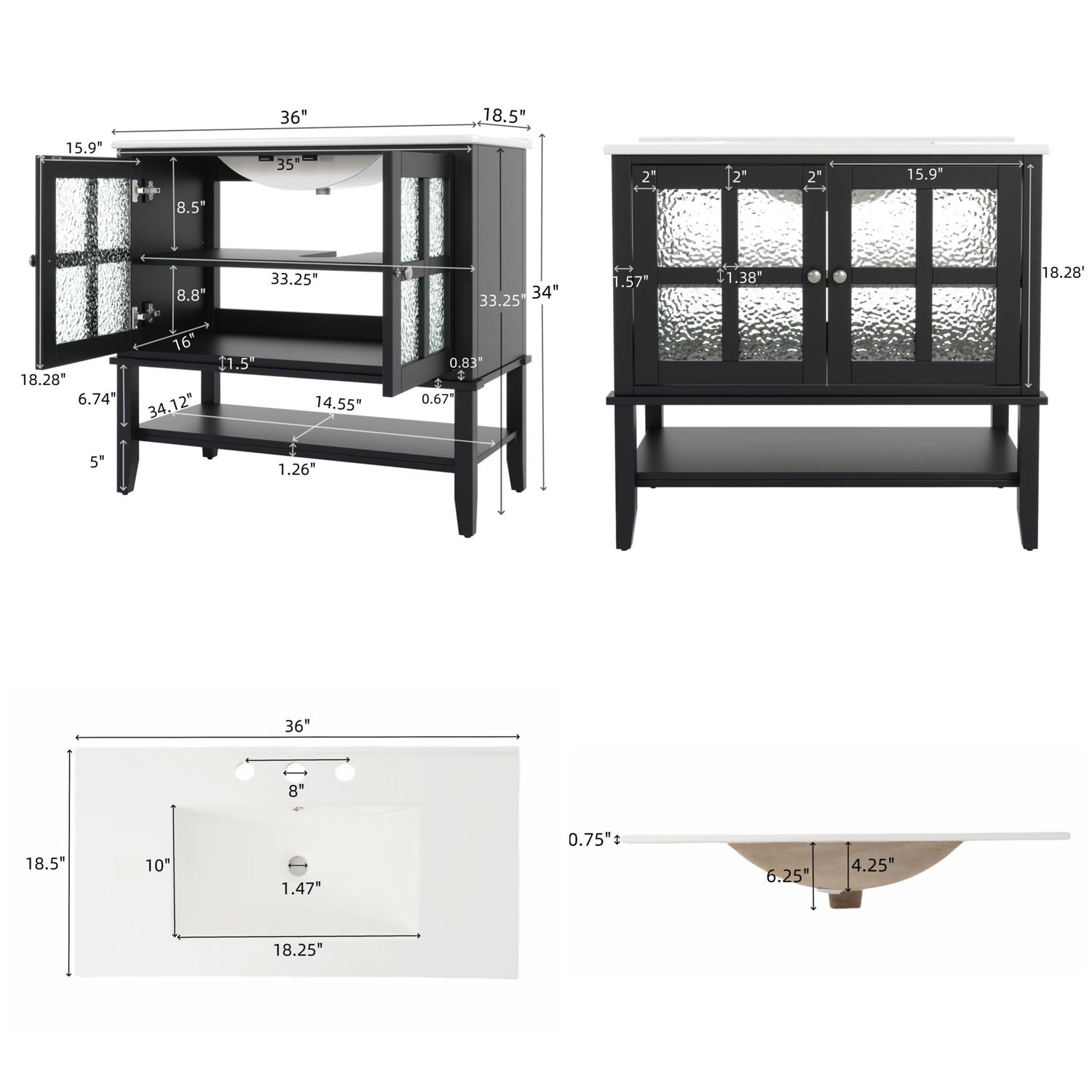 Bathroom Vanity With Ceramic Sink, Adjustable &amp; Open Shelf