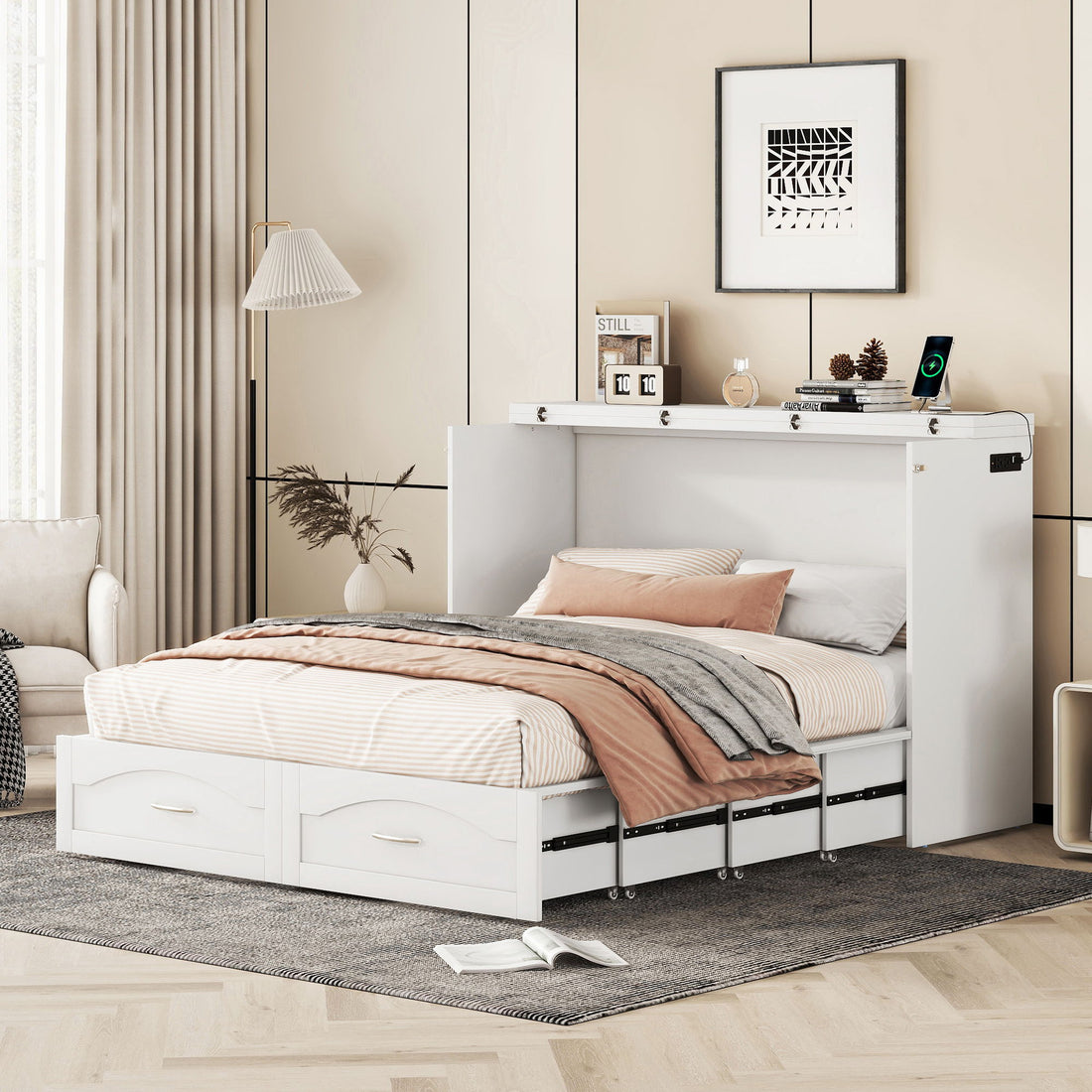 Murphy Bed With Drawer And A Set Of Sockets &amp; USB Ports, Pulley Structure Design