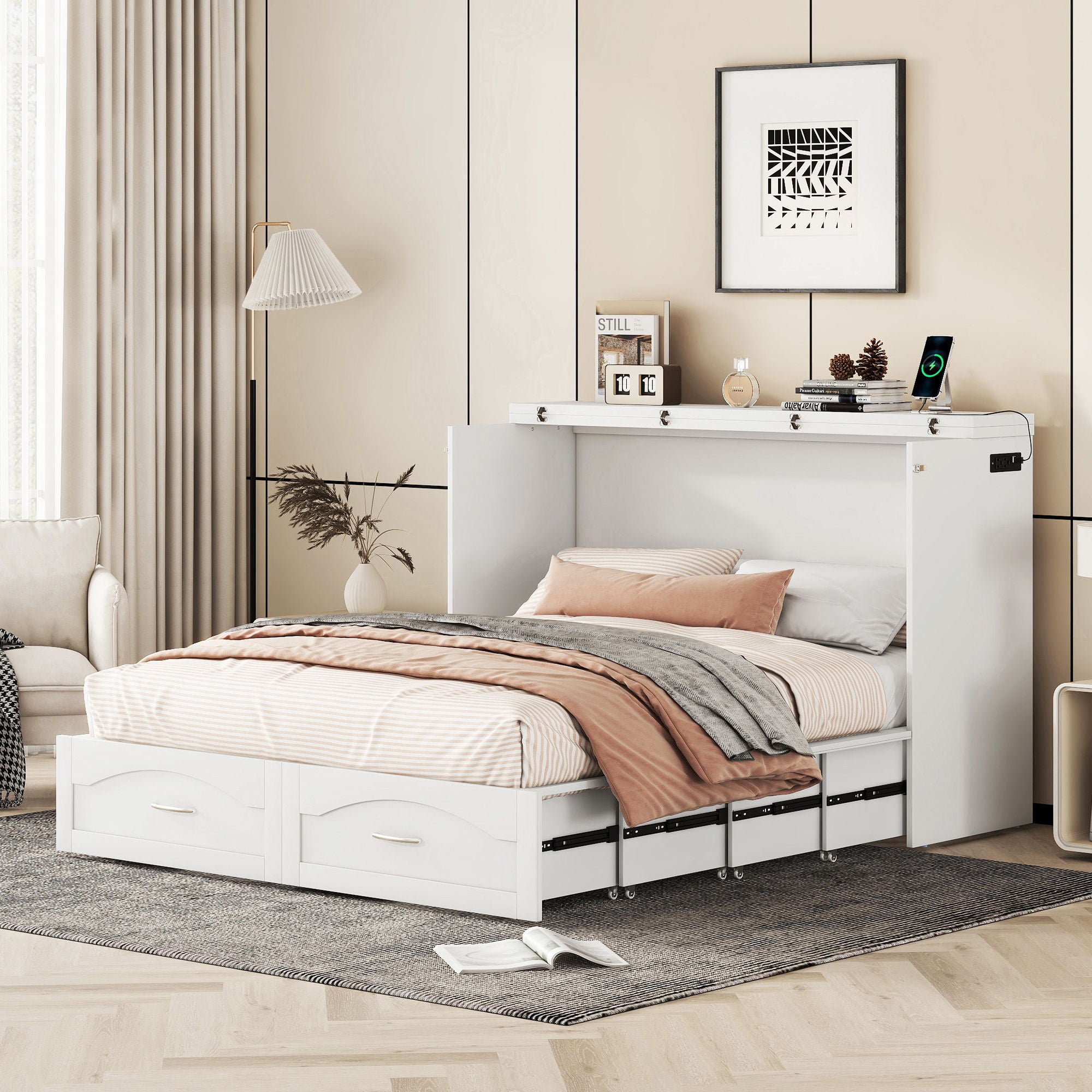 Murphy Bed With Drawer And A Set Of Sockets &amp; USB Ports, Pulley Structure Design