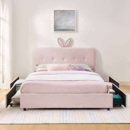 Upholstered Bed With Oversized Rabbit Ear Headboard, LED Lights &amp; 4 Storage Drawers