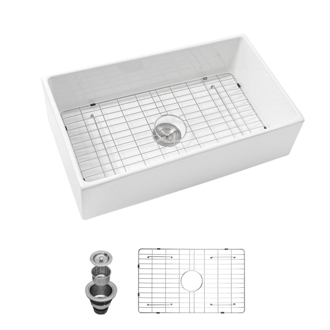 33&quot; Undermount Sink With Apron Front, Single Bowl, Grid - White
