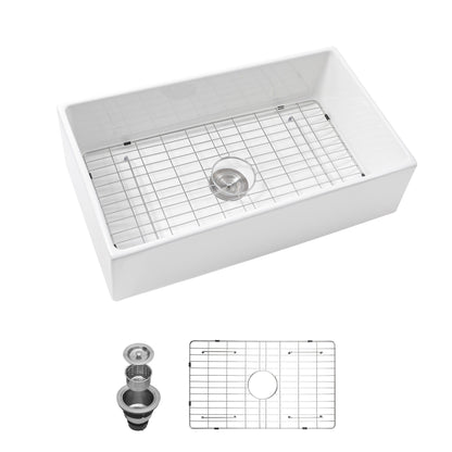33&quot; Undermount Sink With Apron Front, Single Bowl, Grid - White