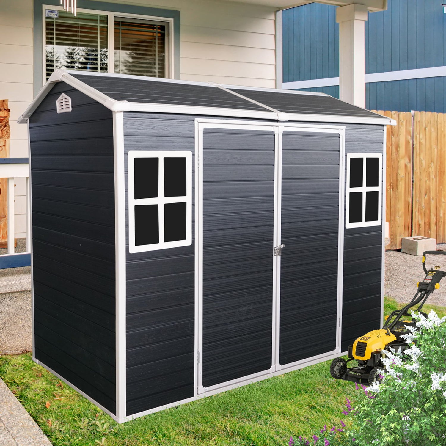 Resin Outdoor Storage Shed Waterproof Shed With Floor &amp; Two Windows &amp; Lockable Door, Tool Shed For Garden, Patio, Backyard