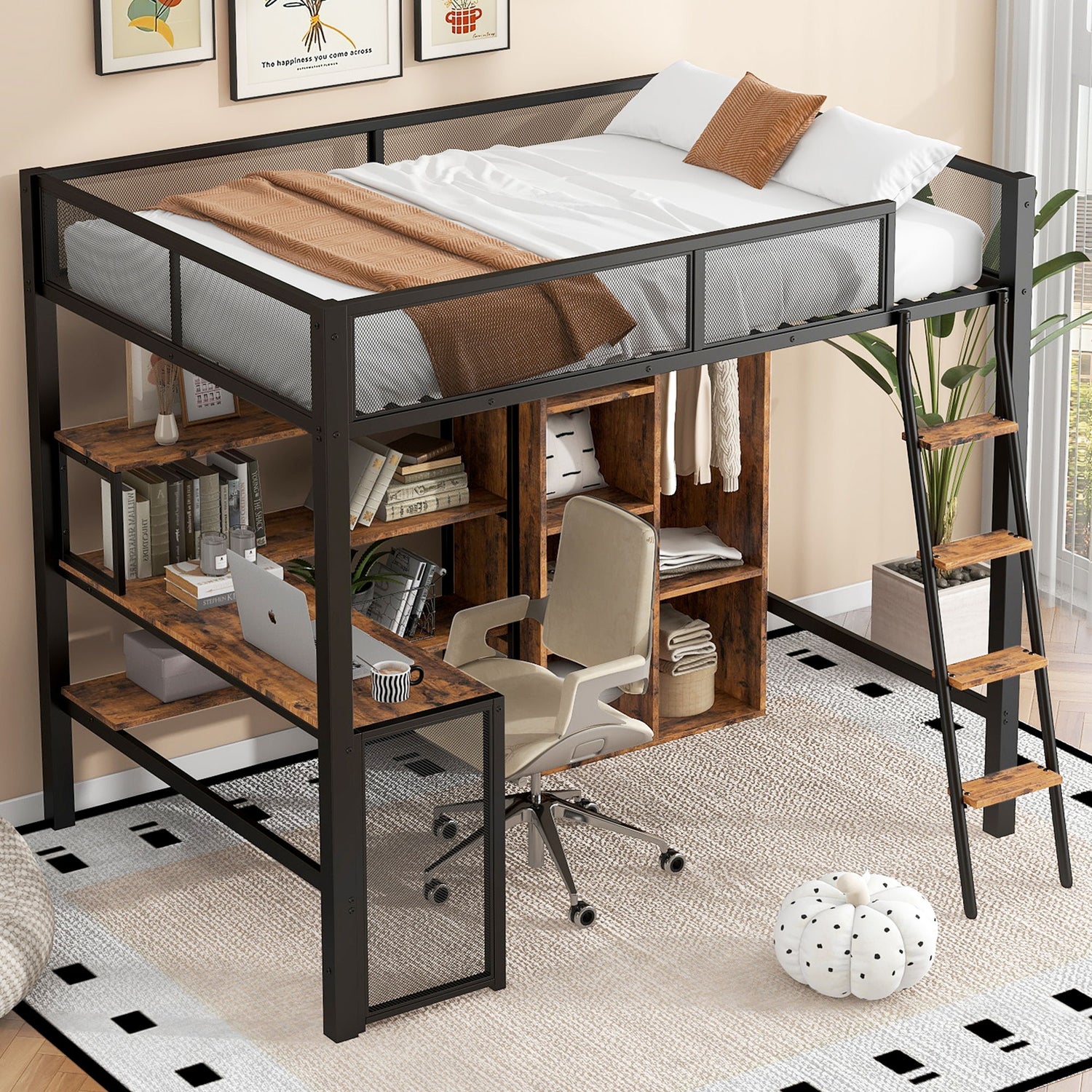 Full Size Loft Bed With Built In Desk, Wardrobe, And Shelves - Black
