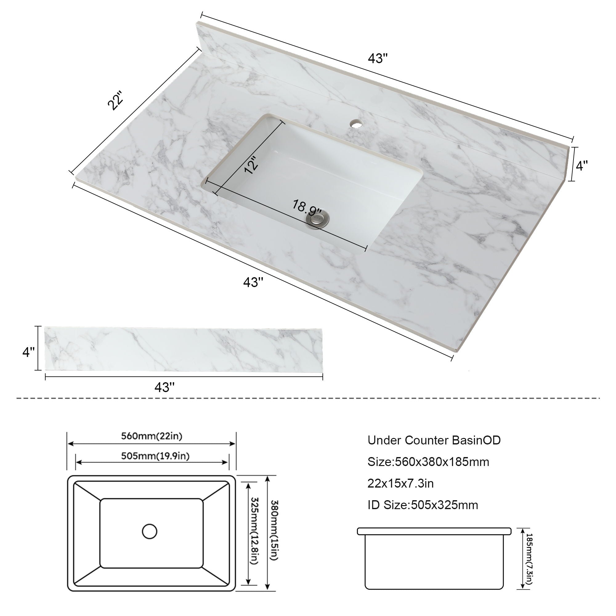 Elegant Bathroom Vanity Top With Rectangular Ceramic Sink And Backsplash