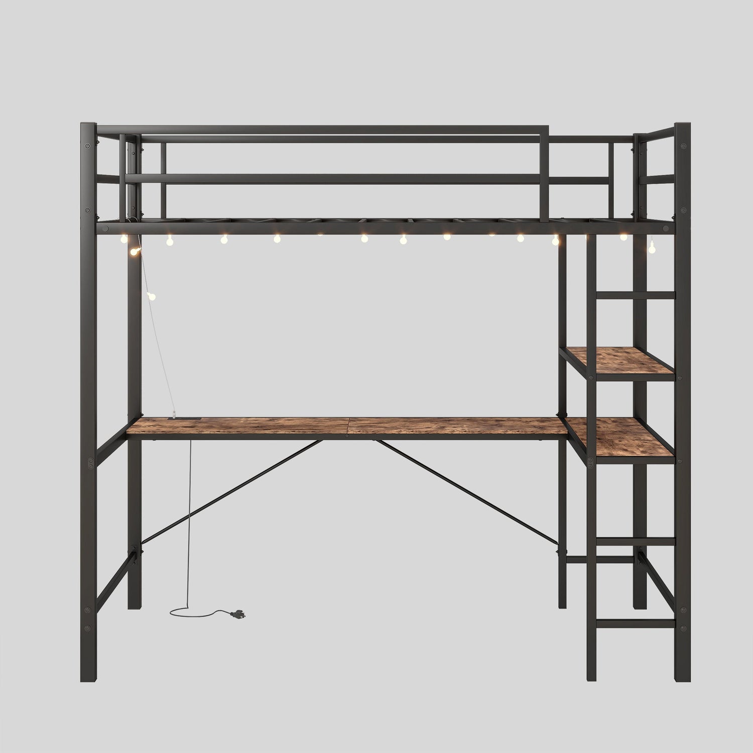 Space Saving Twin Size Loft Bed With L Shaped Desk, Shelves, Charging Station, Led Lights - Brown