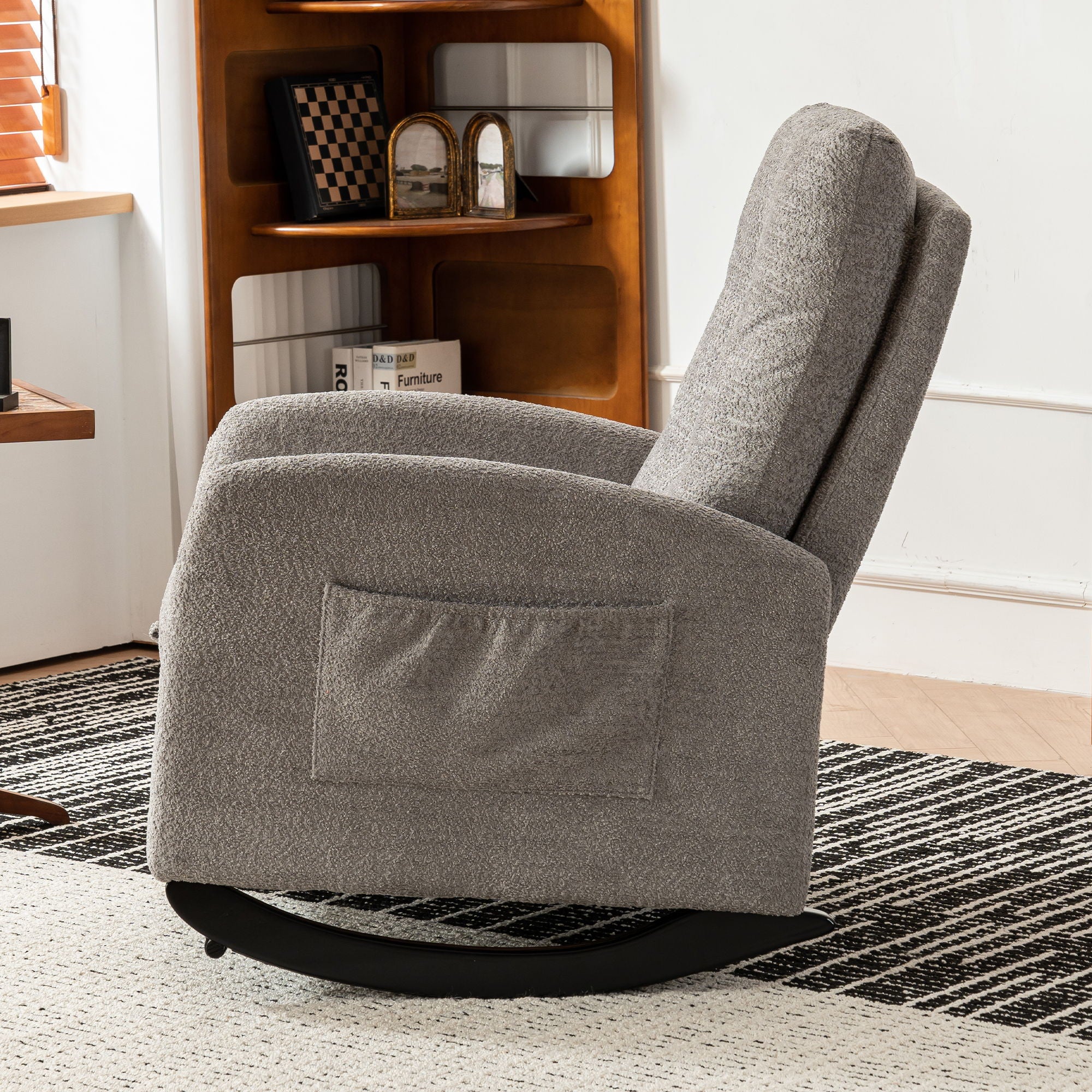 Accent Rocking Chair &amp; Footrest High Back Rubber Wood Rocking Legs Bedroom Living Space - Gray