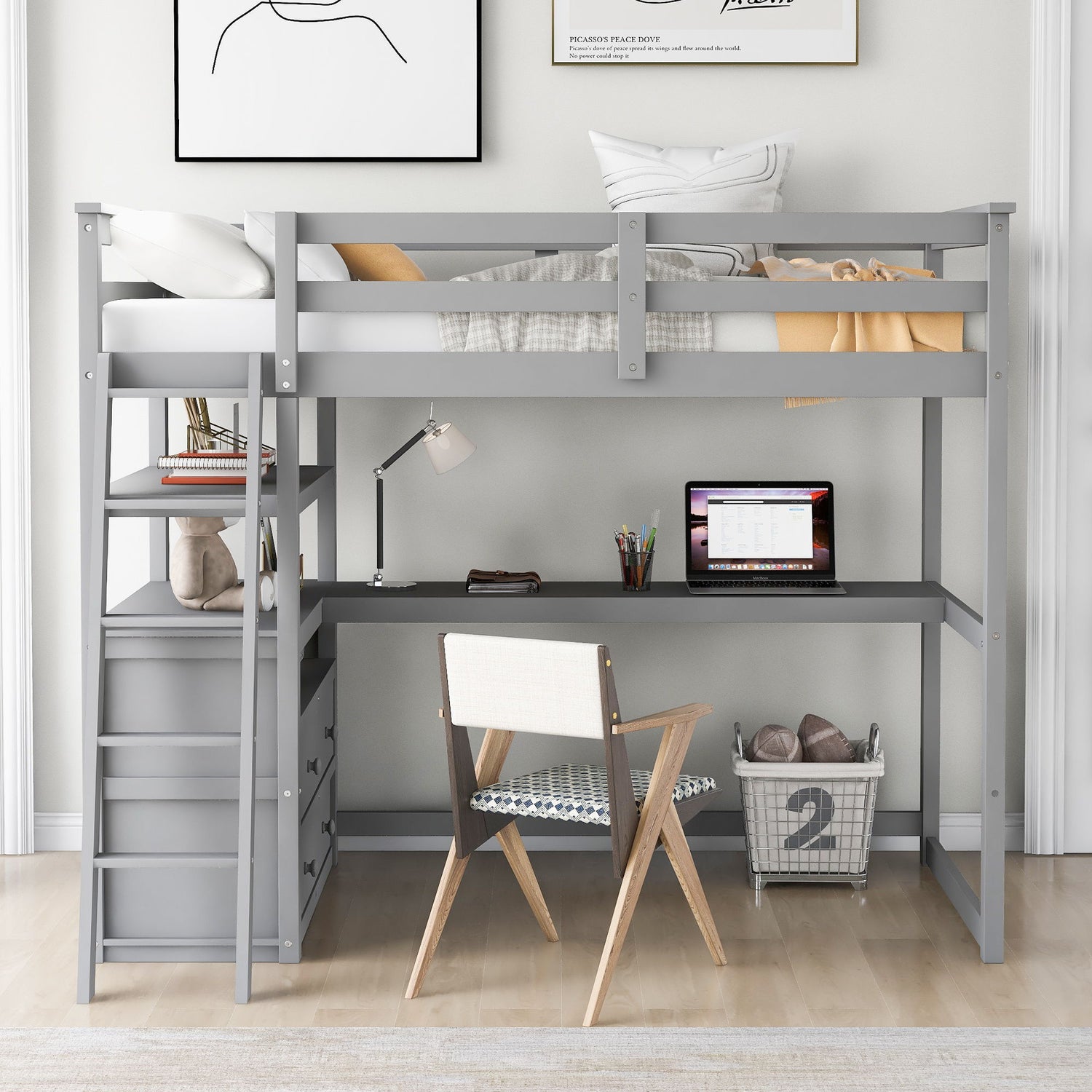 Modern Loft Bed With Built In Desk, Shelves, And 2 Drawers